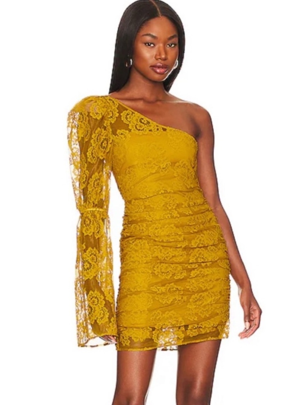 For Love & Lemons Tiana One-Shoulder Lace Mini Dress in Mustard Yellow NWT $225